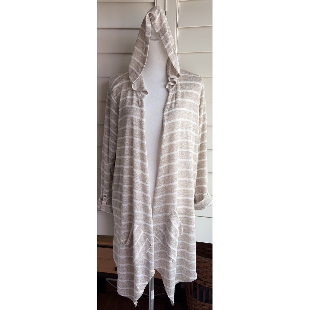 Hooded Open Front Cardigan Sweater 2XL Natural Oatmeal Stripe Roll Tab Beach